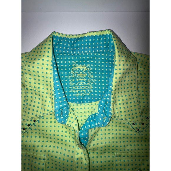 Twenty X  Women's Long Sleeve Western Shirt Polka Dot Lime Green & Turq/blue - Picture 3 of 12